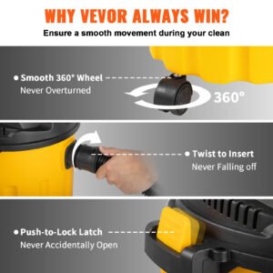 VEVOR Wet Dry Vac, 2.6 Gallon, 2.5 Peak HP, 3 In 1 Shop Vacuum With Blowing Function, Portable With Attachments To Clean Floor, Upholstery, Gap, Car, ETL Listed, Yellow