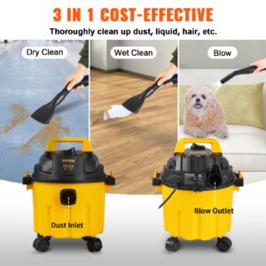 VEVOR Wet Dry Vac, 2.6 Gallon, 2.5 Peak HP, 3 In 1 Shop Vacuum With Blowing Function, Portable With Attachments To Clean Floor, Upholstery, Gap, Car, ETL Listed, Yellow