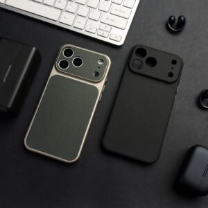Leather Diamond Pattern Full Coverage Phone Case with Large Window for 17 Pro Max 16 Pro 15 Pro Soft TPU Back Cover