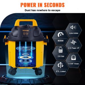 VEVOR Wet Dry Vac, 2.6 Gallon, 2.5 Peak HP, 3 In 1 Shop Vacuum With Blowing Function, Portable With Attachments To Clean Floor, Upholstery, Gap, Car, ETL Listed, Yellow
